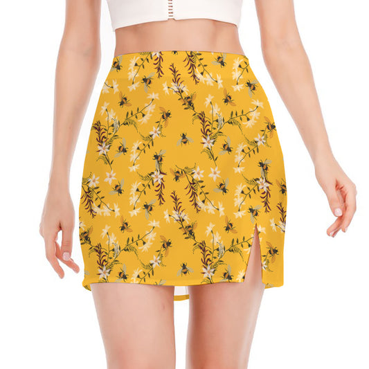 Bee Drawing Pattern Print Side Slit Mini Skirt
