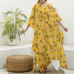 Bee Drawing Pattern Print Silk V-Neck Kaftan Dress