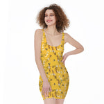 Bee Drawing Pattern Print Sleeveless Bodycon Dress