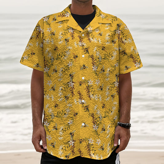 Bee Drawing Pattern Print Textured Short Sleeve Shirt