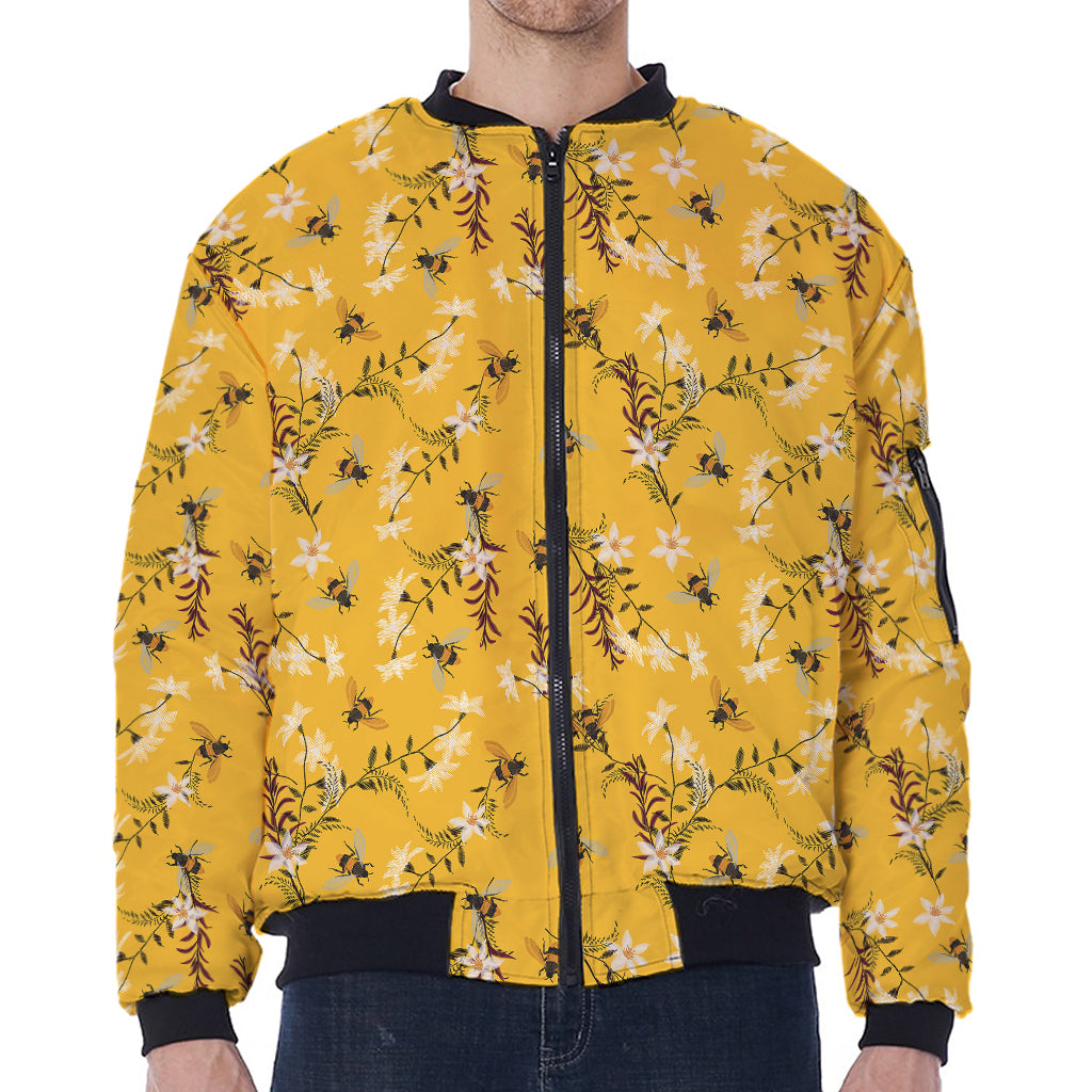 Bee Drawing Pattern Print Zip Sleeve Bomber Jacket