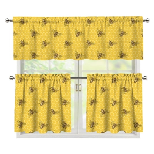 Bee Honeycomb Pattern Print 3 Piece Kitchen Curtains