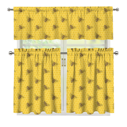 Bee Honeycomb Pattern Print 3 Piece Kitchen Curtains