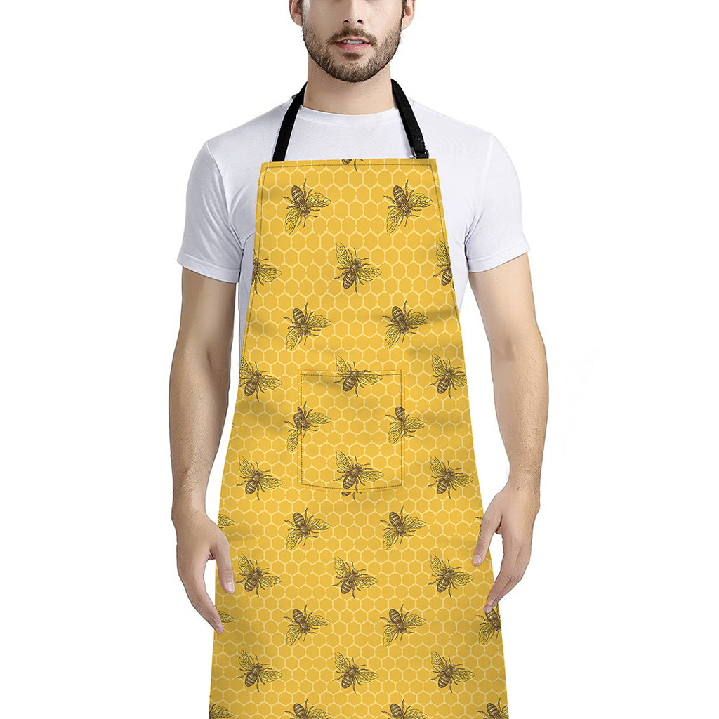 Bee Honeycomb Pattern Print Bib Apron With Pocket