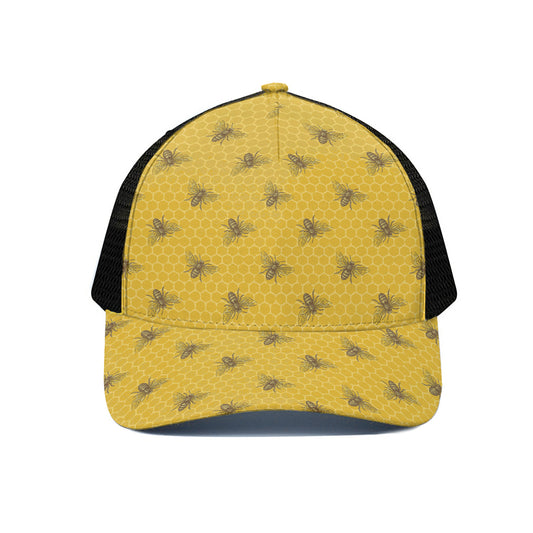 Bee Honeycomb Pattern Print Black Mesh Trucker Cap