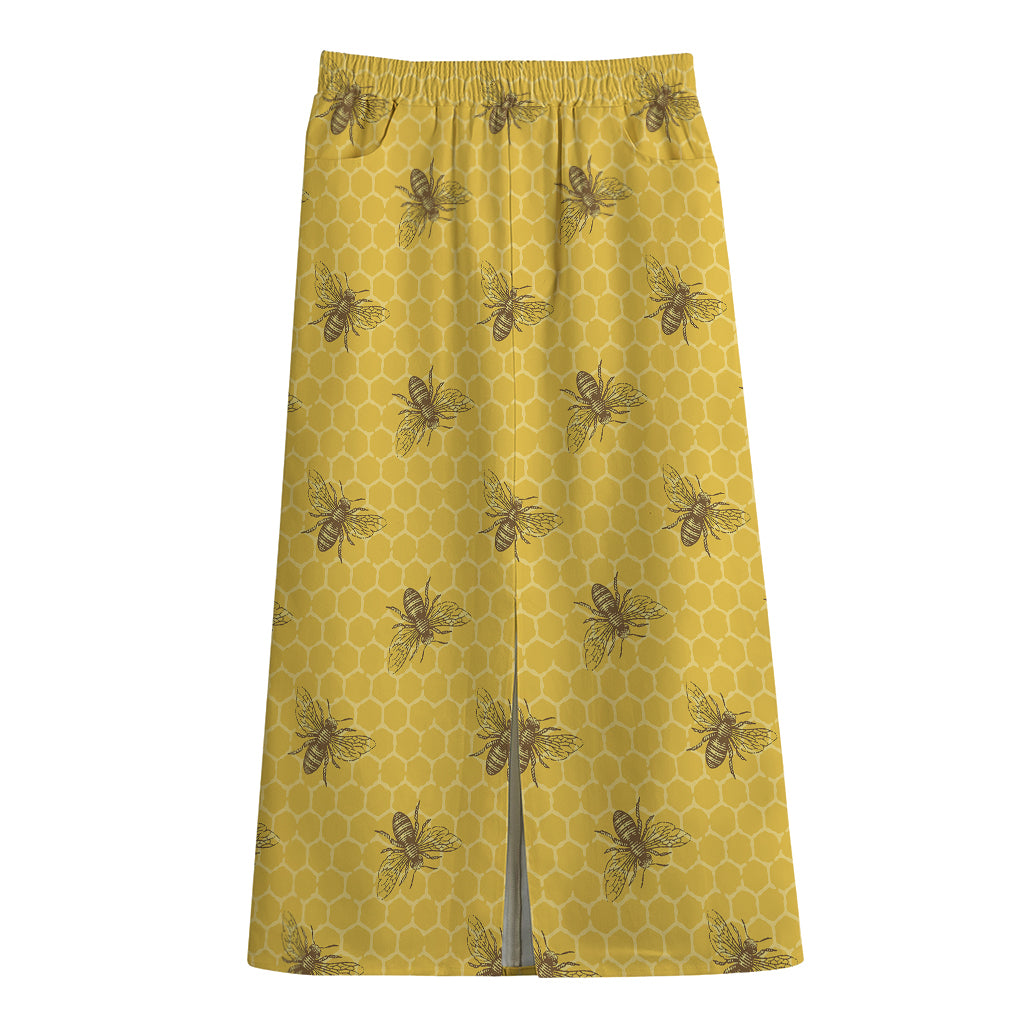 Bee Honeycomb Pattern Print Cotton Front Slit Maxi Skirt