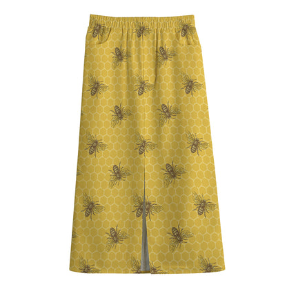 Bee Honeycomb Pattern Print Cotton Front Slit Maxi Skirt