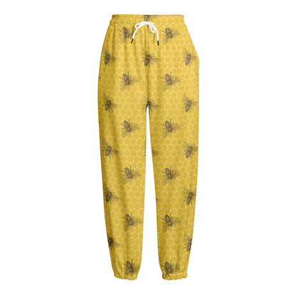 Bee Honeycomb Pattern Print Fleece Lined Knit Pants