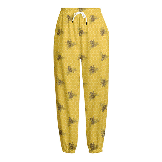 Bee Honeycomb Pattern Print Fleece Lined Knit Pants