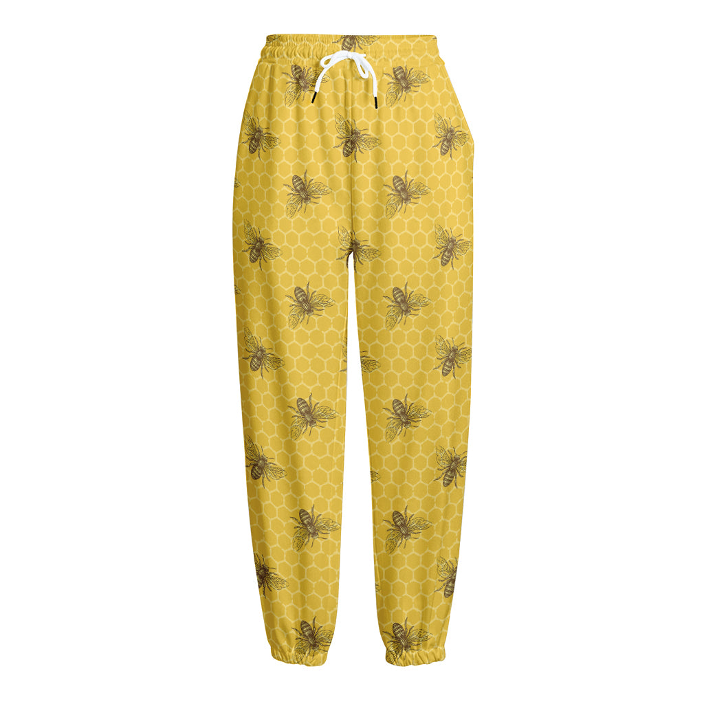 Bee Honeycomb Pattern Print Fleece Lined Knit Pants