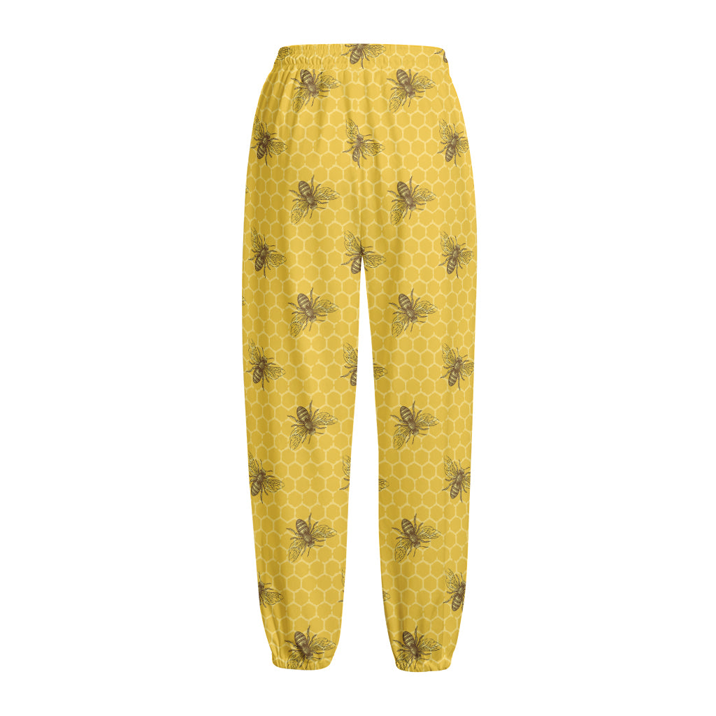 Bee Honeycomb Pattern Print Fleece Lined Knit Pants