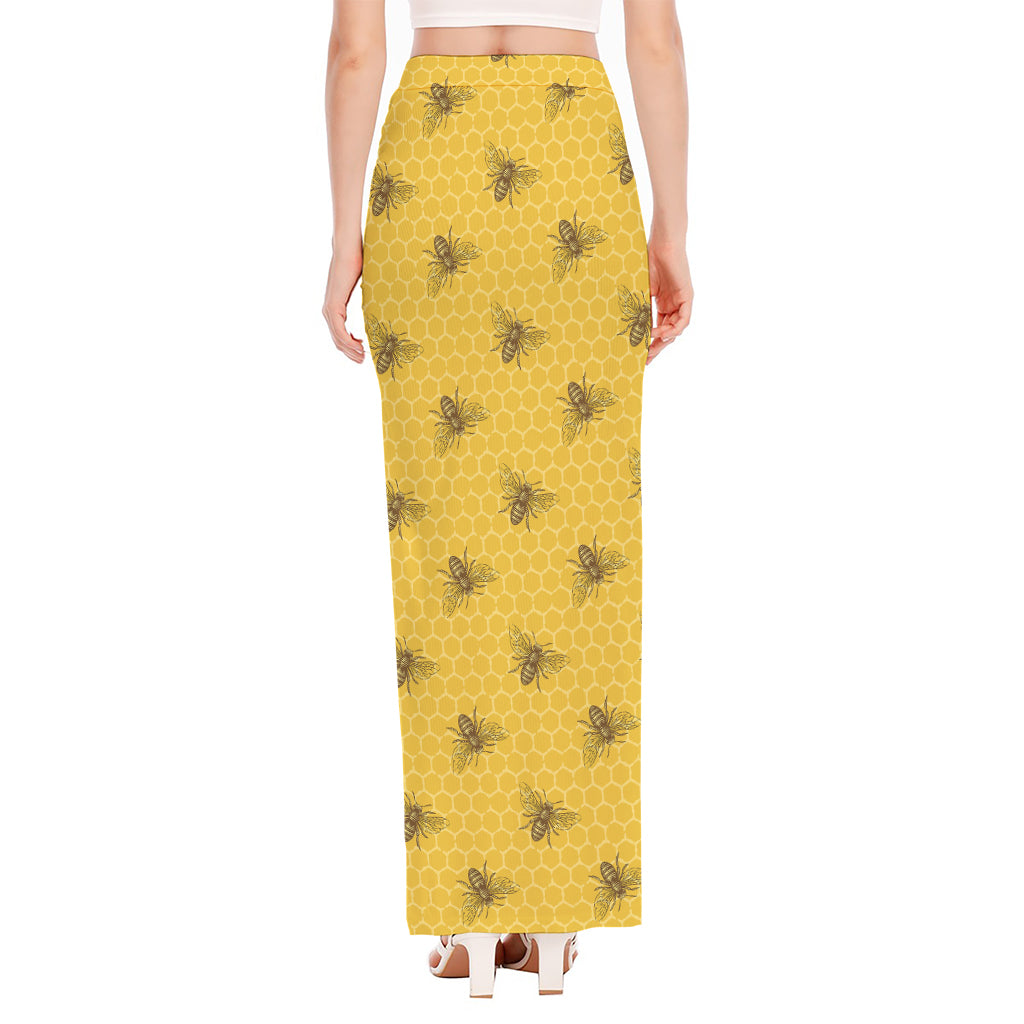Bee Honeycomb Pattern Print High Slit Maxi Skirt