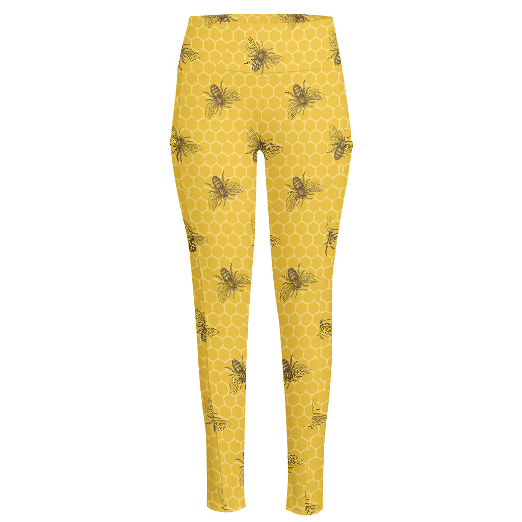 Bee Honeycomb Pattern Print High-Waisted Pocket Leggings