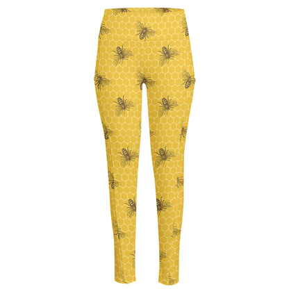 Bee Honeycomb Pattern Print High-Waisted Pocket Leggings