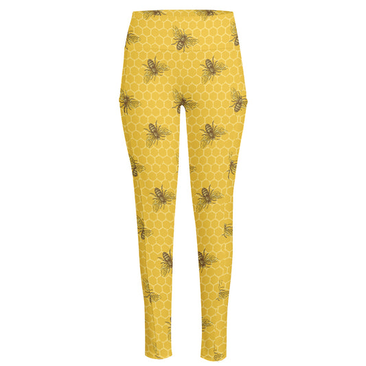 Bee Honeycomb Pattern Print High-Waisted Pocket Leggings