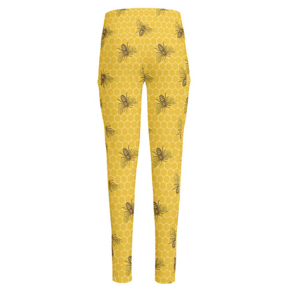 Bee Honeycomb Pattern Print High-Waisted Pocket Leggings