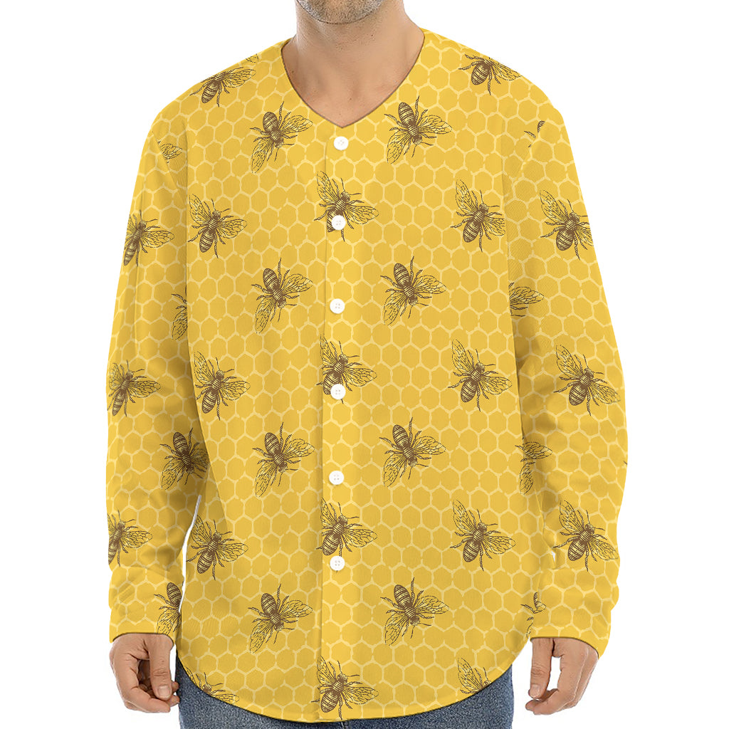 Bee Honeycomb Pattern Print Long Sleeve Baseball Jersey