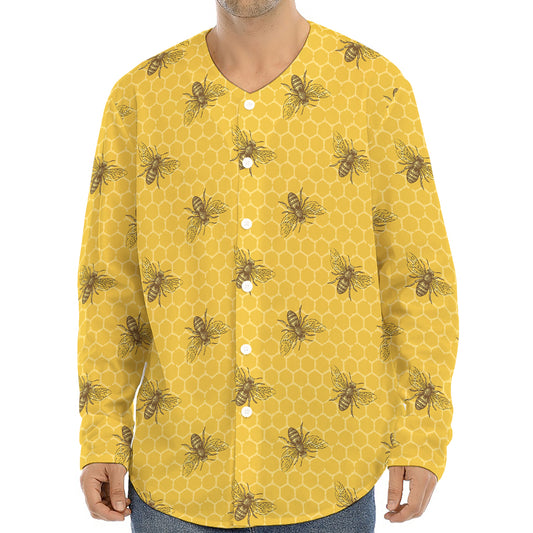 Bee Honeycomb Pattern Print Long Sleeve Baseball Jersey