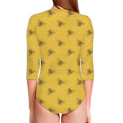 Bee Honeycomb Pattern Print Long Sleeve Swimsuit