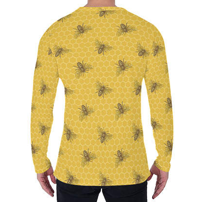 Bee Honeycomb Pattern Print Men's Long Sleeve T-Shirt