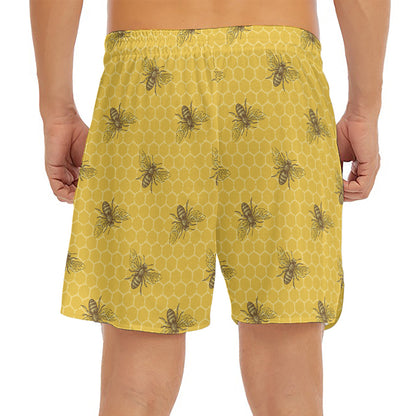 Bee Honeycomb Pattern Print Men's Split Running Shorts
