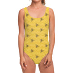 Bee Honeycomb Pattern Print One Piece Swimsuit