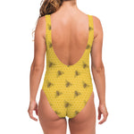 Bee Honeycomb Pattern Print One Piece Swimsuit