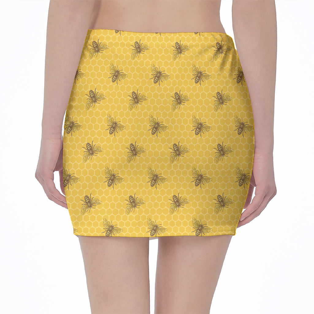 Bee Honeycomb Pattern Print Pencil Mini Skirt