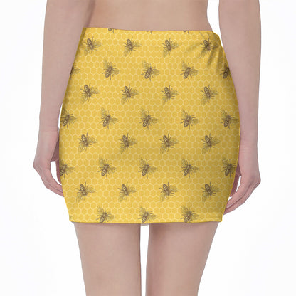 Bee Honeycomb Pattern Print Pencil Mini Skirt