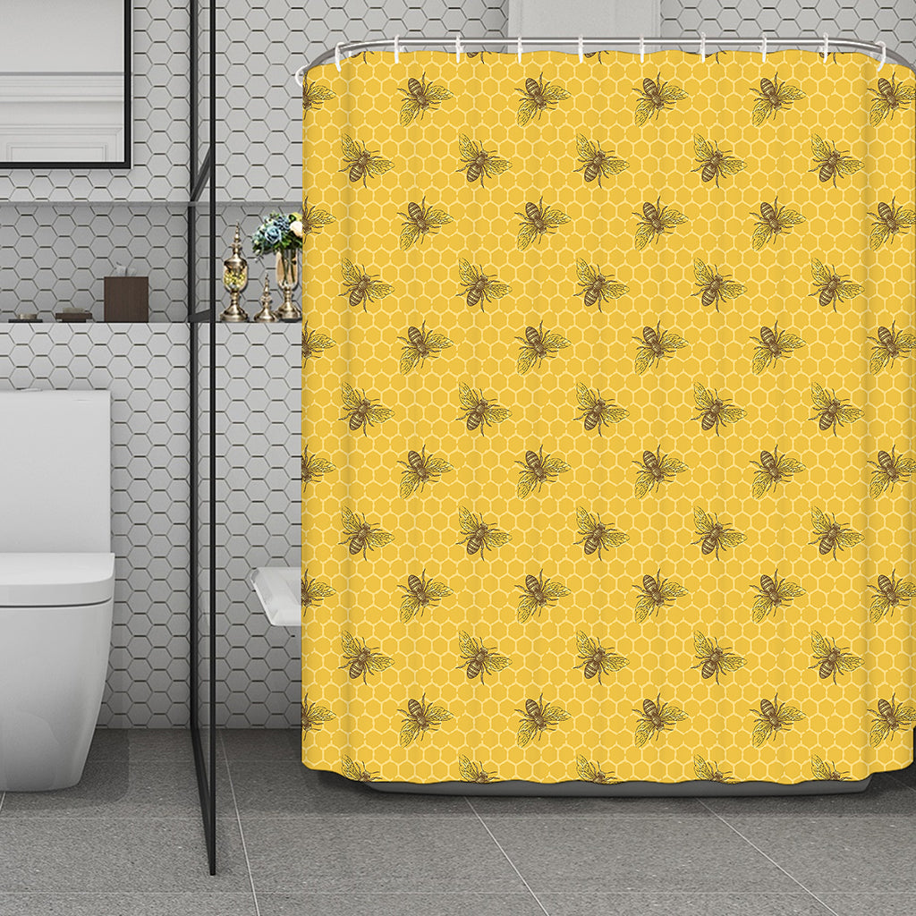 Bee Honeycomb Pattern Print Polyester Shower Curtain