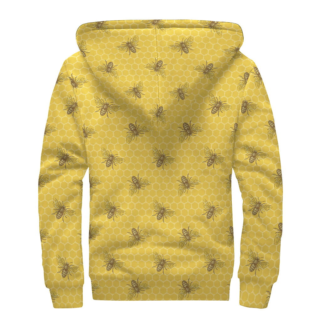 Bee Honeycomb Pattern Print Sherpa Lined Zip Up Hoodie