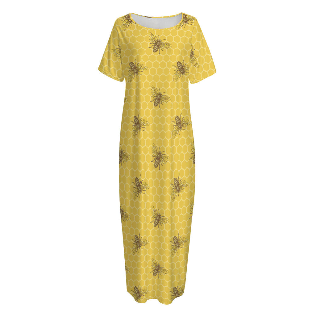 Bee Honeycomb Pattern Print Short Sleeve Long Nightdress