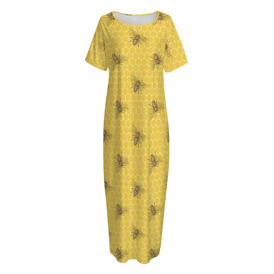Bee Honeycomb Pattern Print Short Sleeve Long Nightdress