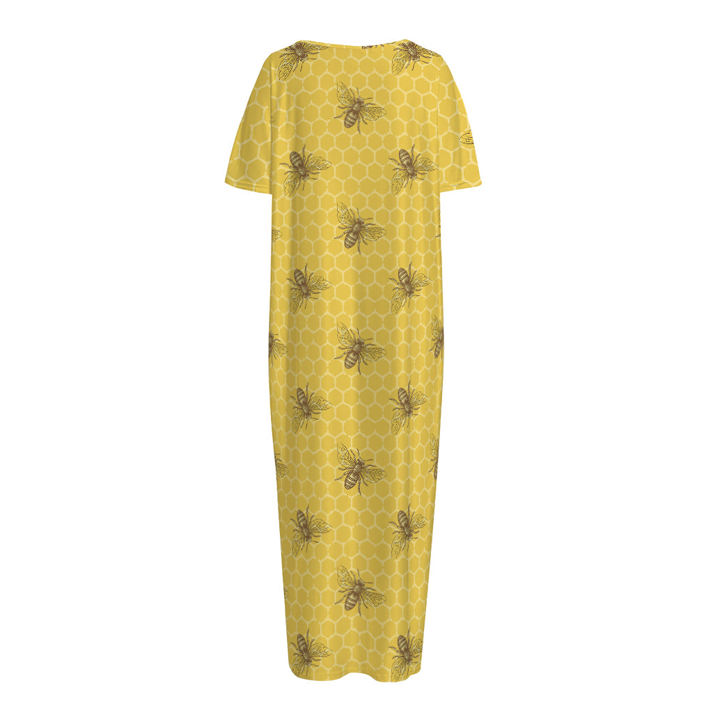 Bee Honeycomb Pattern Print Short Sleeve Long Nightdress