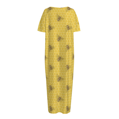 Bee Honeycomb Pattern Print Short Sleeve Long Nightdress