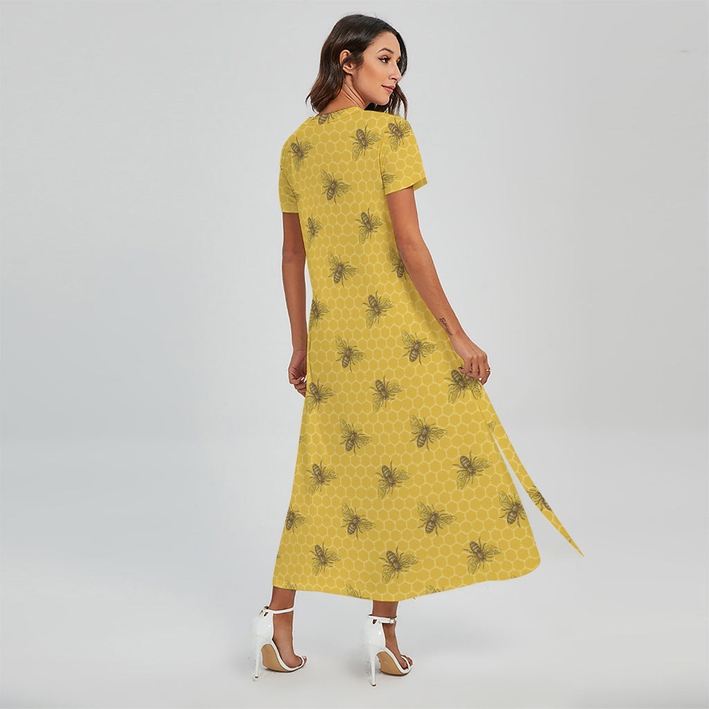 Bee Honeycomb Pattern Print Short Sleeve Maxi Dress