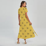 Bee Honeycomb Pattern Print Short Sleeve Maxi Dress