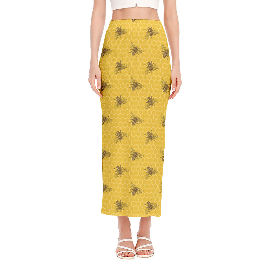 Bee Honeycomb Pattern Print Side Slit Maxi Skirt