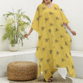 Bee Honeycomb Pattern Print Silk V-Neck Kaftan Dress