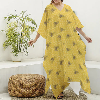 Bee Honeycomb Pattern Print Silk V-Neck Kaftan Dress