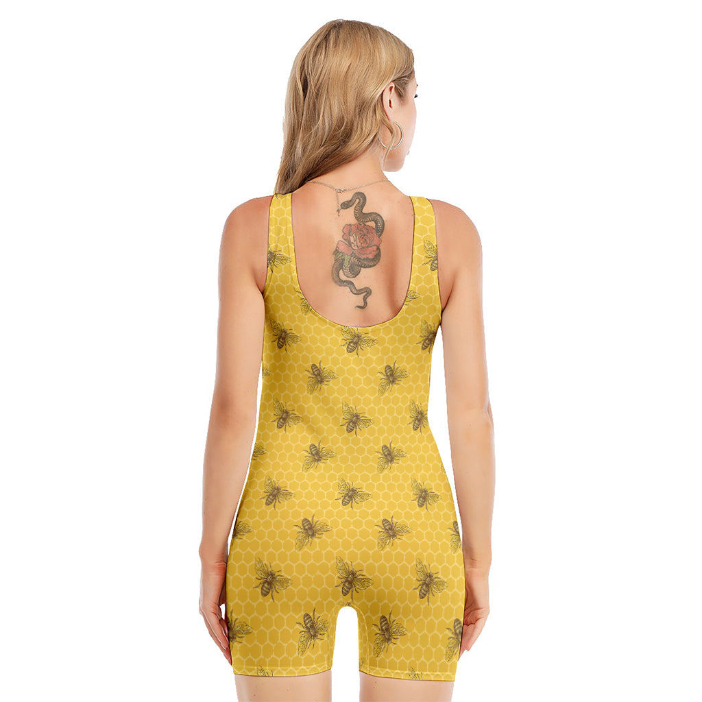 Bee Honeycomb Pattern Print Sleeveless One Piece Swimsuit