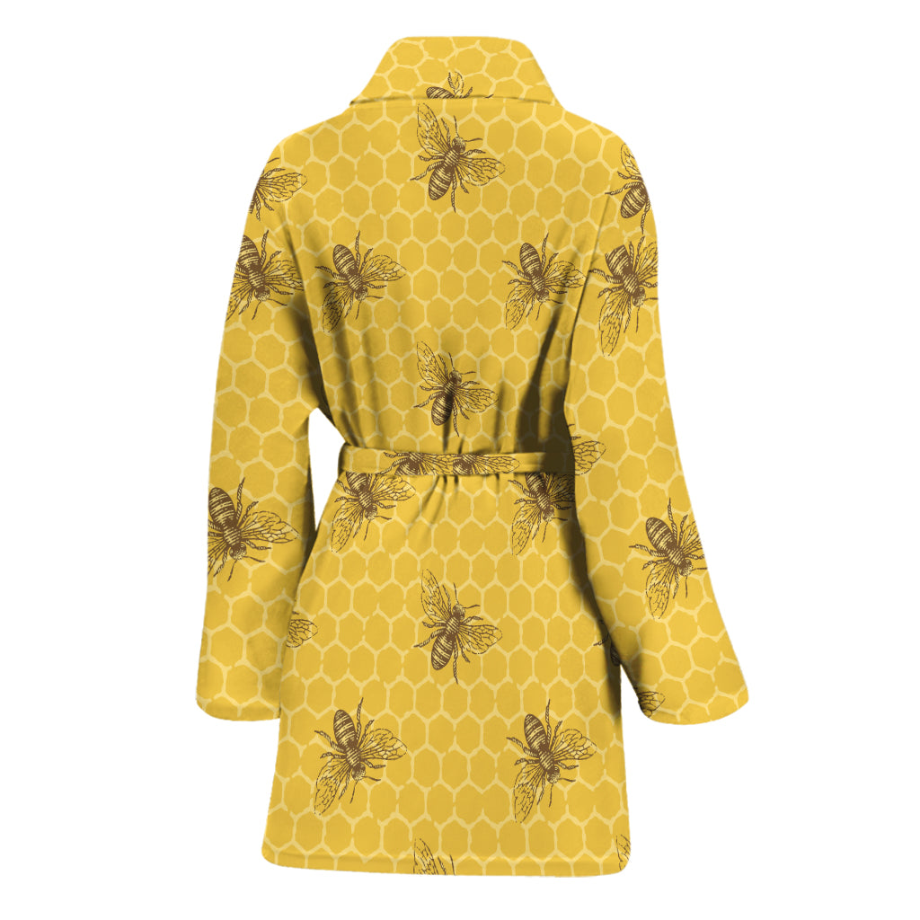 Bee Honeycomb Pattern Print Women's Bathrobe