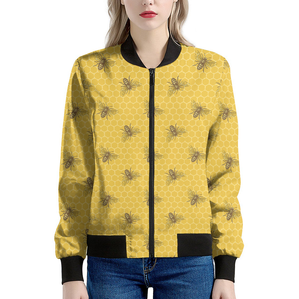 Bee Honeycomb Pattern Print Women's Bomber Jacket