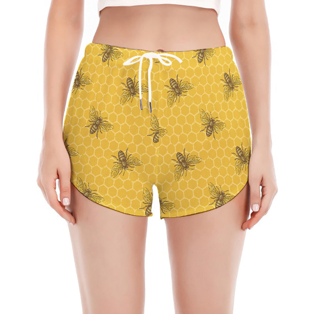 Bee Honeycomb Pattern Print Women's Split Running Shorts