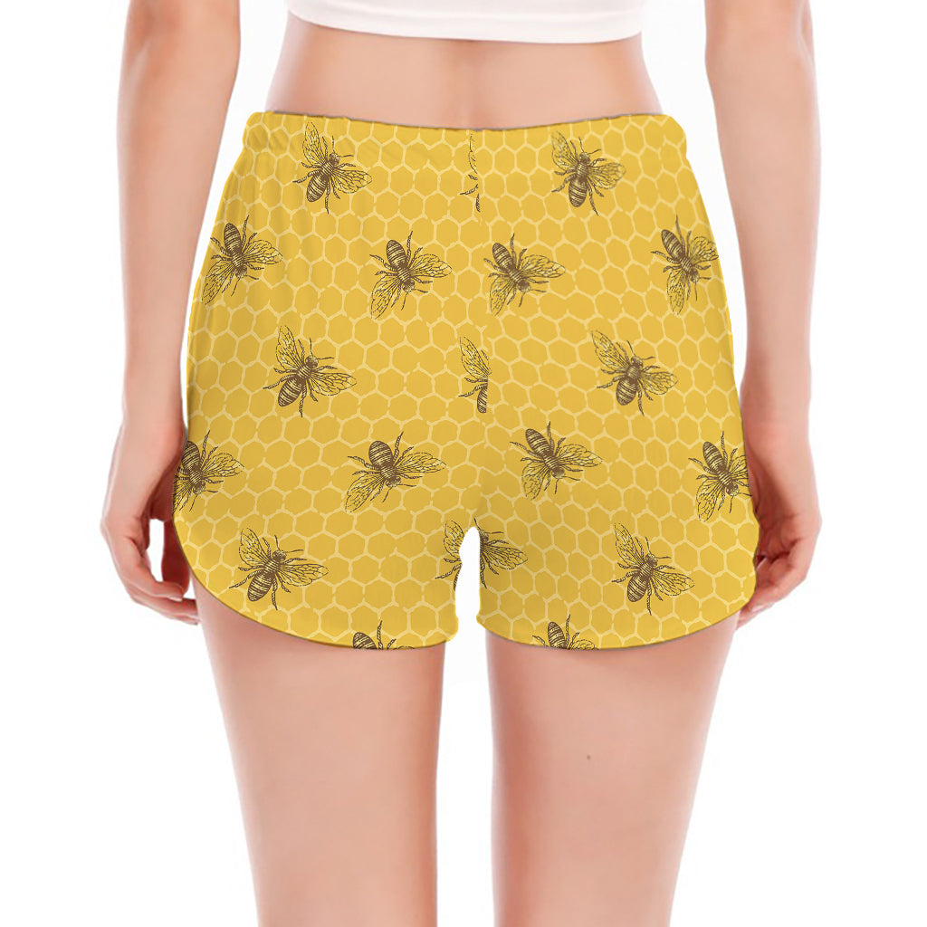 Bee Honeycomb Pattern Print Women's Split Running Shorts