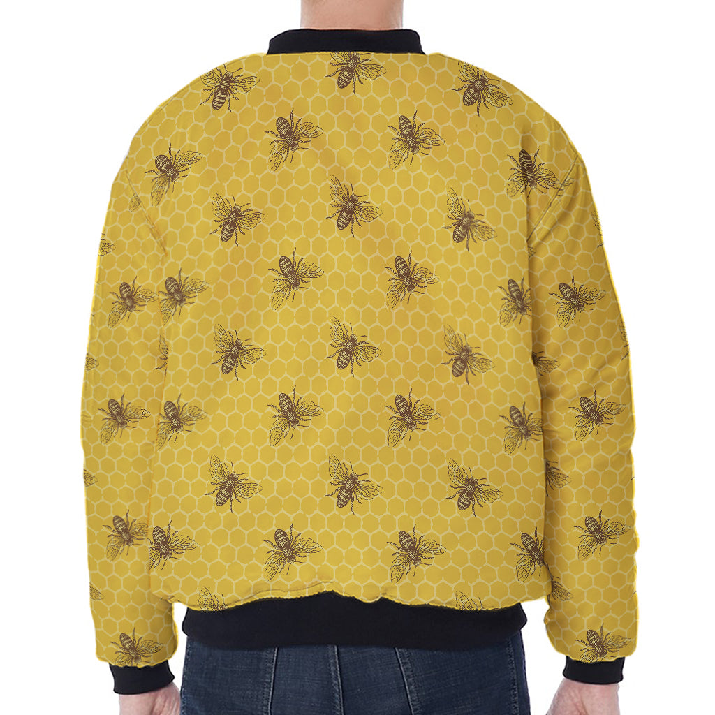 Bee Honeycomb Pattern Print Zip Sleeve Bomber Jacket