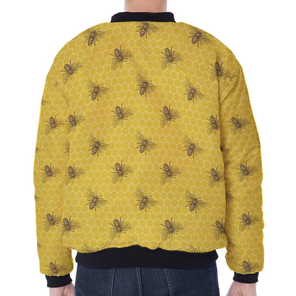 Bee Honeycomb Pattern Print Zip Sleeve Bomber Jacket