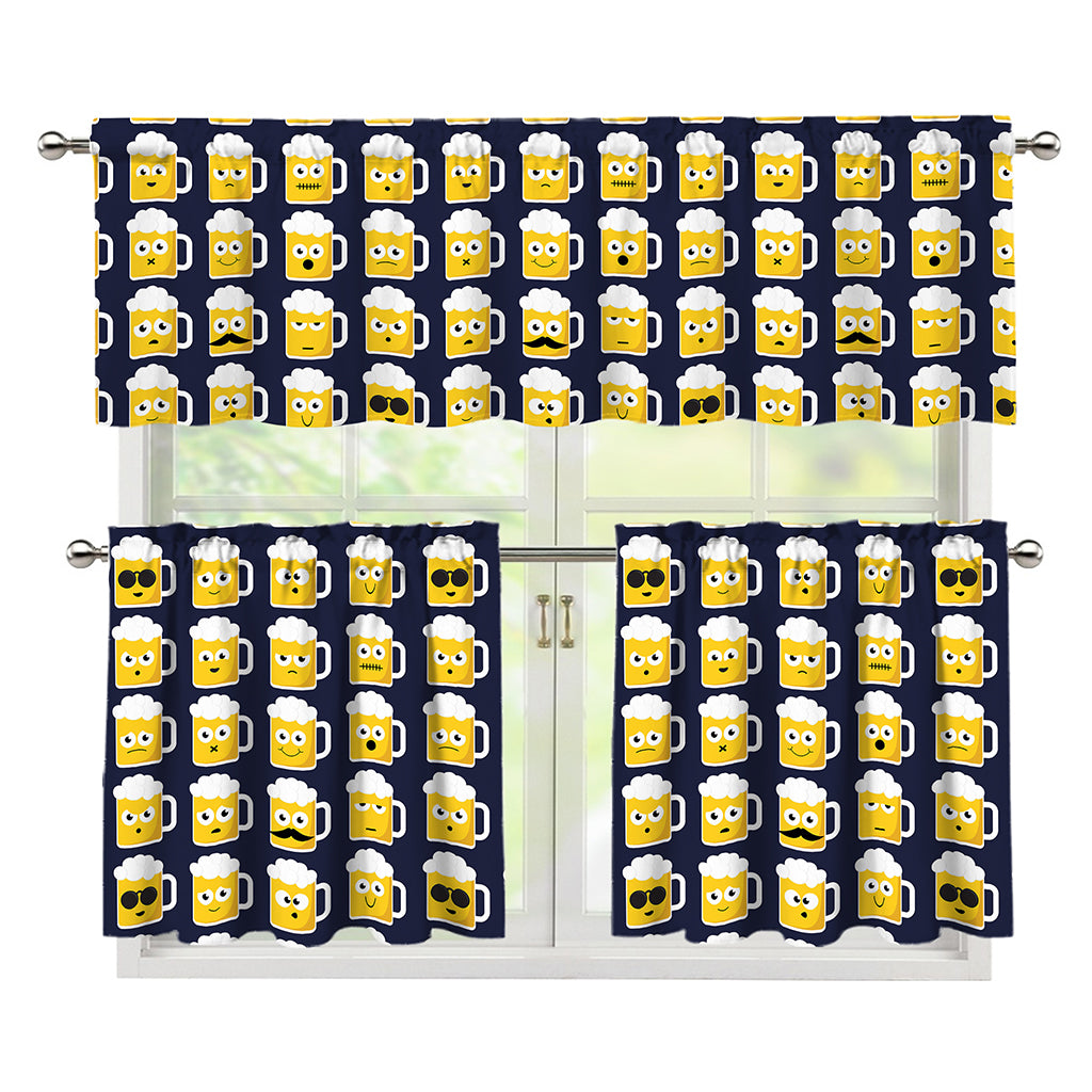 Beer Emoji Pattern Print 3 Piece Kitchen Curtains