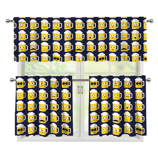 Beer Emoji Pattern Print 3 Piece Kitchen Curtains