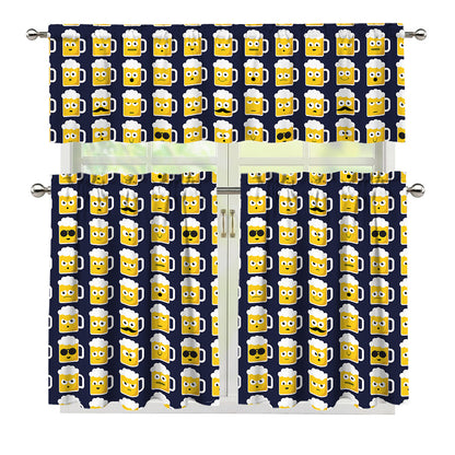 Beer Emoji Pattern Print 3 Piece Kitchen Curtains
